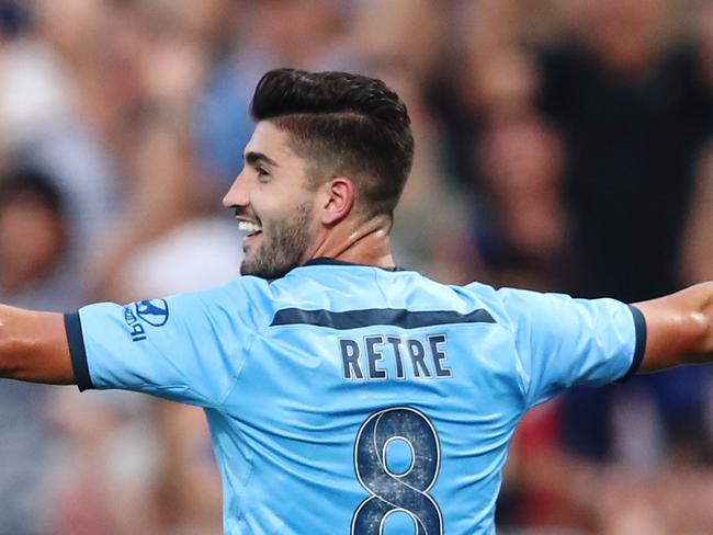 Paulo Retre of Sydney celebrates scoring a goal during the Round 13 A-League match between Sydney FC and Adelaide United at Netstrata Jubilee Stadium in Sydney, Tuesday, January 1, 2019. (AAP Image/Brendon Thorne) NO ARCHIVING, EDITORIAL USE ONLY