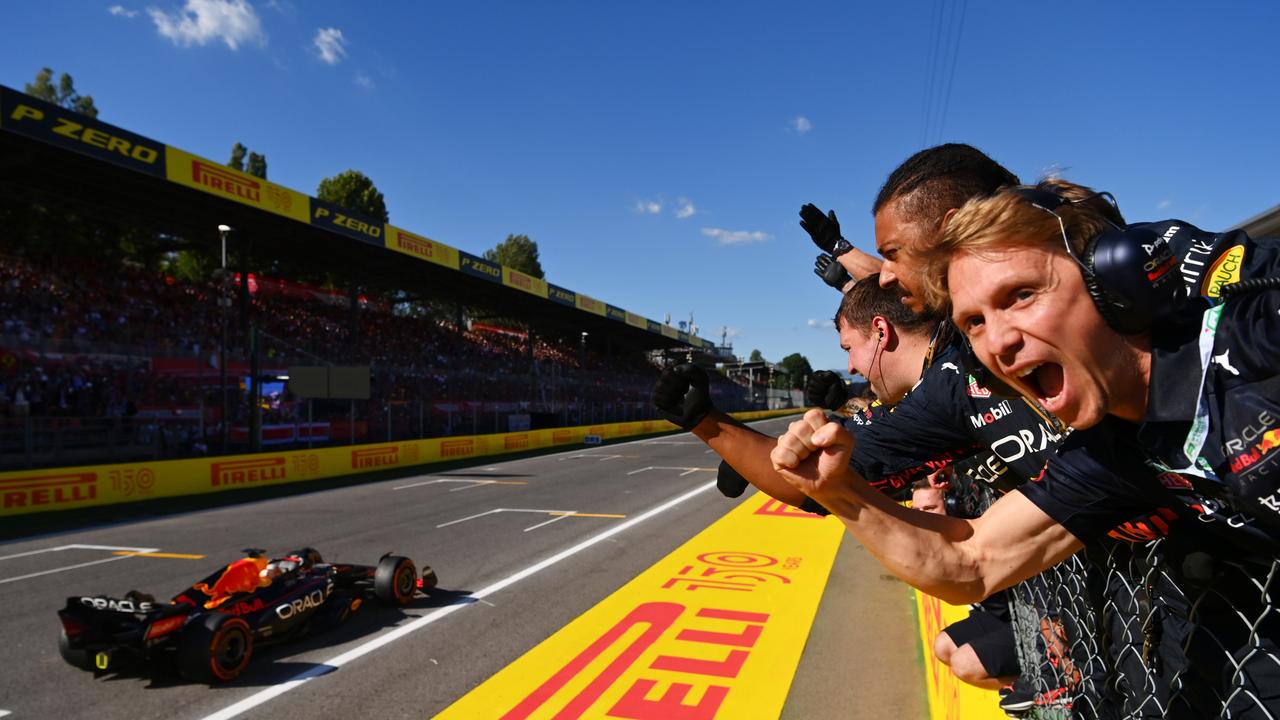 Race winner Max Verstappen is cheered on by the Red Bull crew in Monza, Italy. (Photo by Dan Mullan/Getty Images)