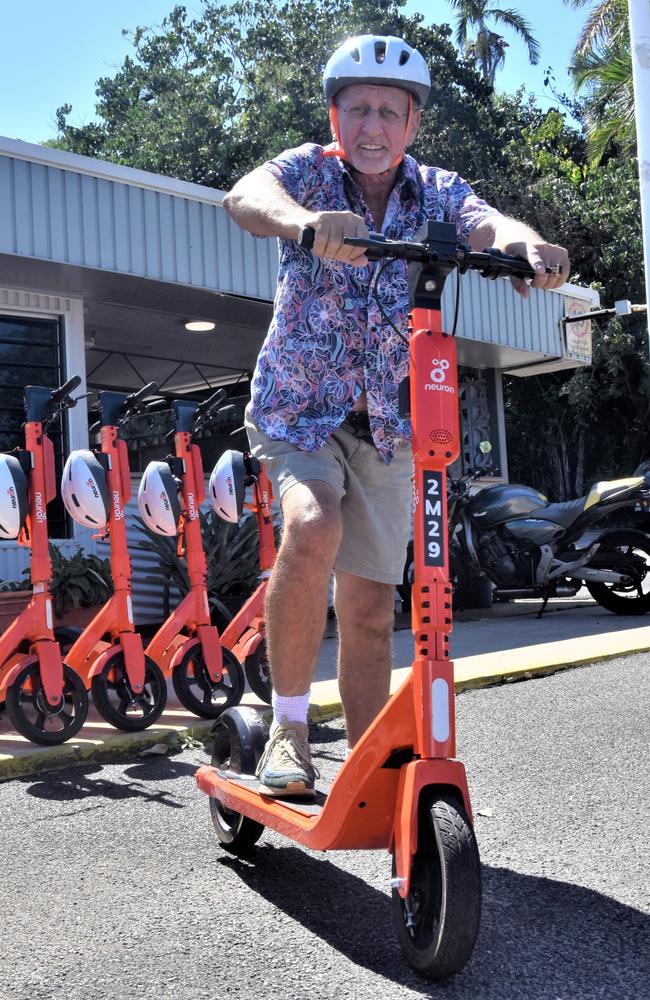 Darwin Trailer Boat Club general manager Alex Ehrlich said the Neuron e-scooters were "a hoot". Picture: Sierra Haigh