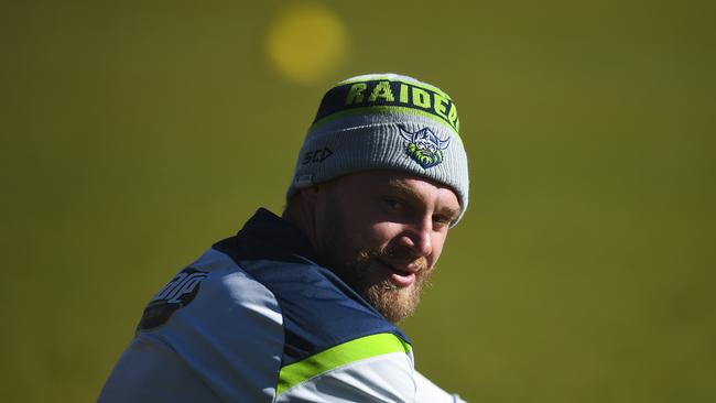 Elliott Whitehead of the Raiders reacts during an NRL Canberra Raiders training session in Canberra, Tuesday, June 2, 2020. (AAP Image/Lukas Coch) NO ARCHIVING