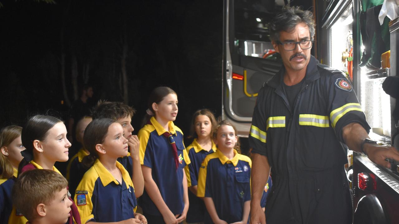 Rockhampton police officers and fire crews visited the Mount Archer Scout Group on Wednesday March 3, 2021. Photos: Vanessa Jarrett