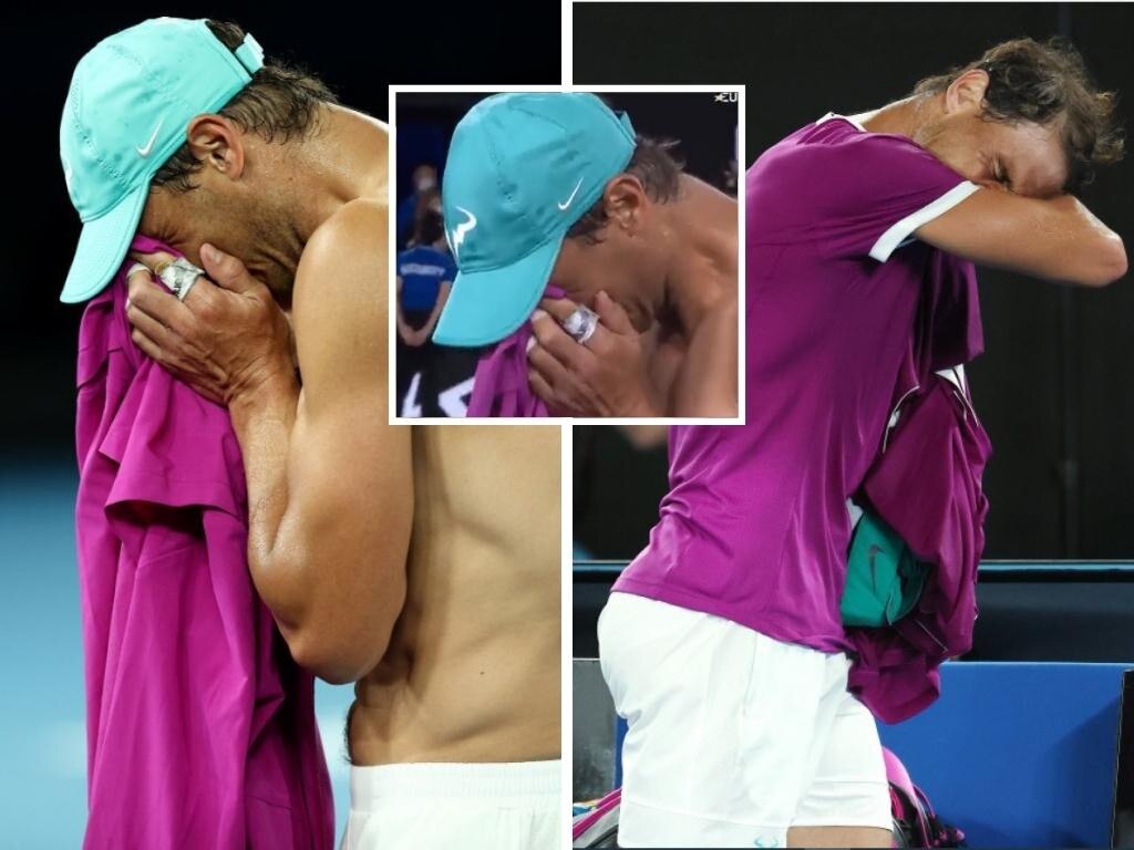 Rafael Nadal breaks down after match point. Photo: Twitter.
