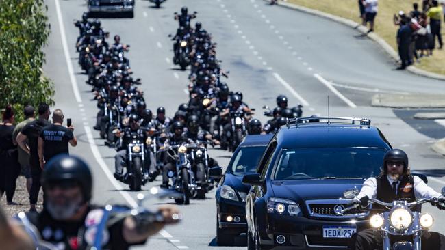 Rebels members at bikie boss Nick Martin‘s funeral. Picture: Tony McDonough/NCA NewsWire.