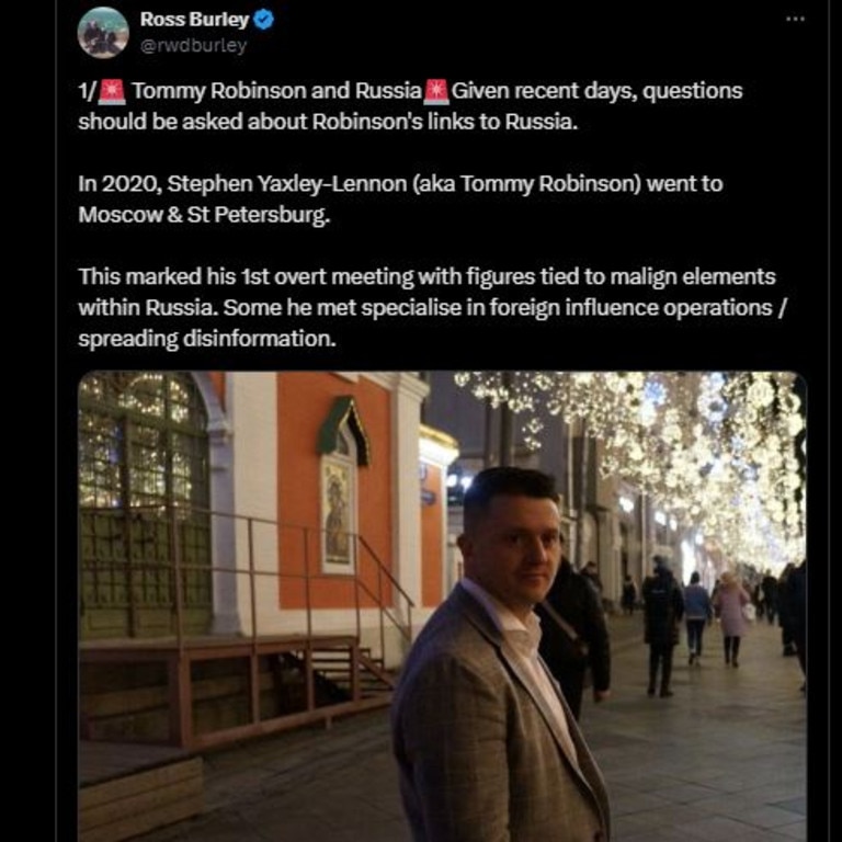 British far-right activist Stephen Christopher Yaxley-Lennon (who goes by the alias Tommy Robinson) visited Russia in 2020. Picture: X/@rwdburley