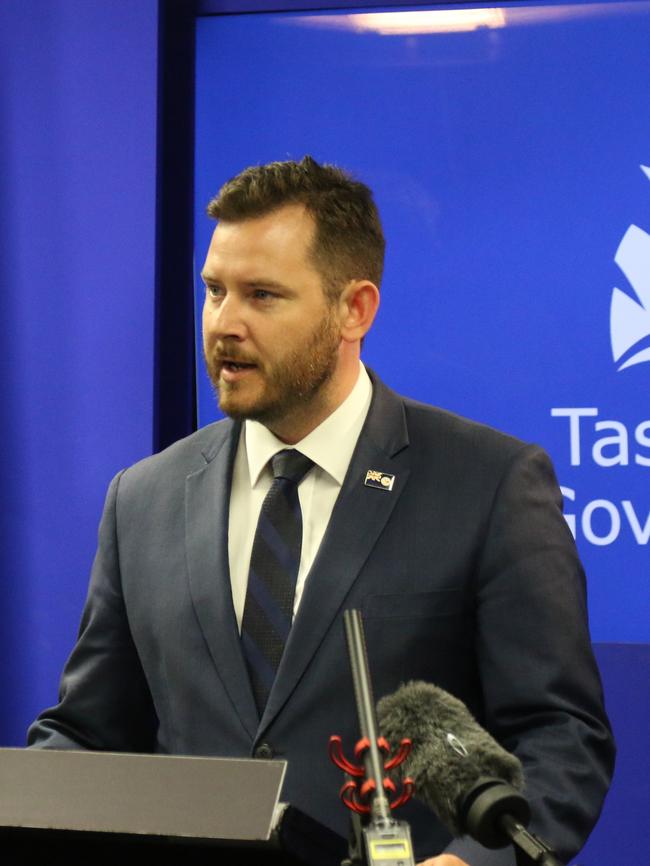 Tasracing chair Gene Phair and Racing Minister Felix Ellis speak to the media at the Executive Building in Hobart on Wednesday, January 31, 2024.