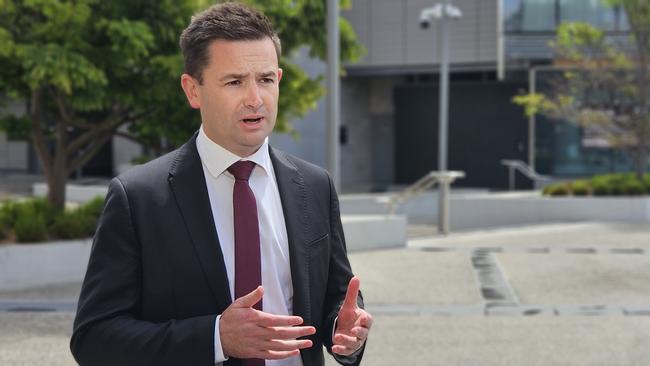 Labor leader Dean Winter speaks to the media at Parliament Square in Hobart on Monday, November 18, 2024.