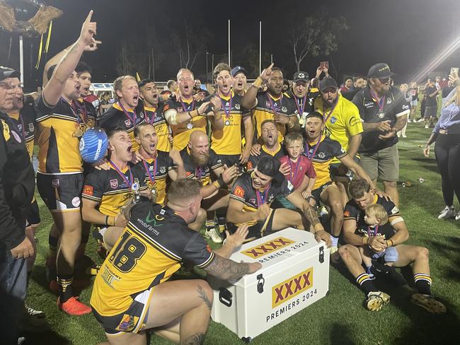 Gatton Hawks celebrate the 2024 Toowoomba Rugby League grand final win.