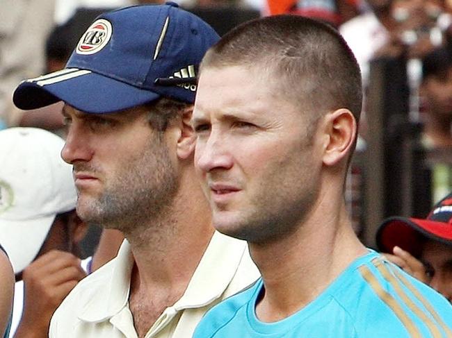 Australian cricketers (L-R) Shaun Marsh, Cameron White, Peter Siddle, Simon Katich and Michael Clarke attend the presentation ceremony after losing the final test match of the 2008 Border-Gavaskar Trophy to India at the Vidarbha Cricket Association Stadium in Jamtha, Nagpur 10/11/2008.