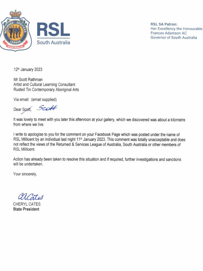 State RSL President Cheryl Cates issues apology in the wake of hateful comments on Invasion Day T-shirts issued from an official RSL Facebook account. Picture Supplied