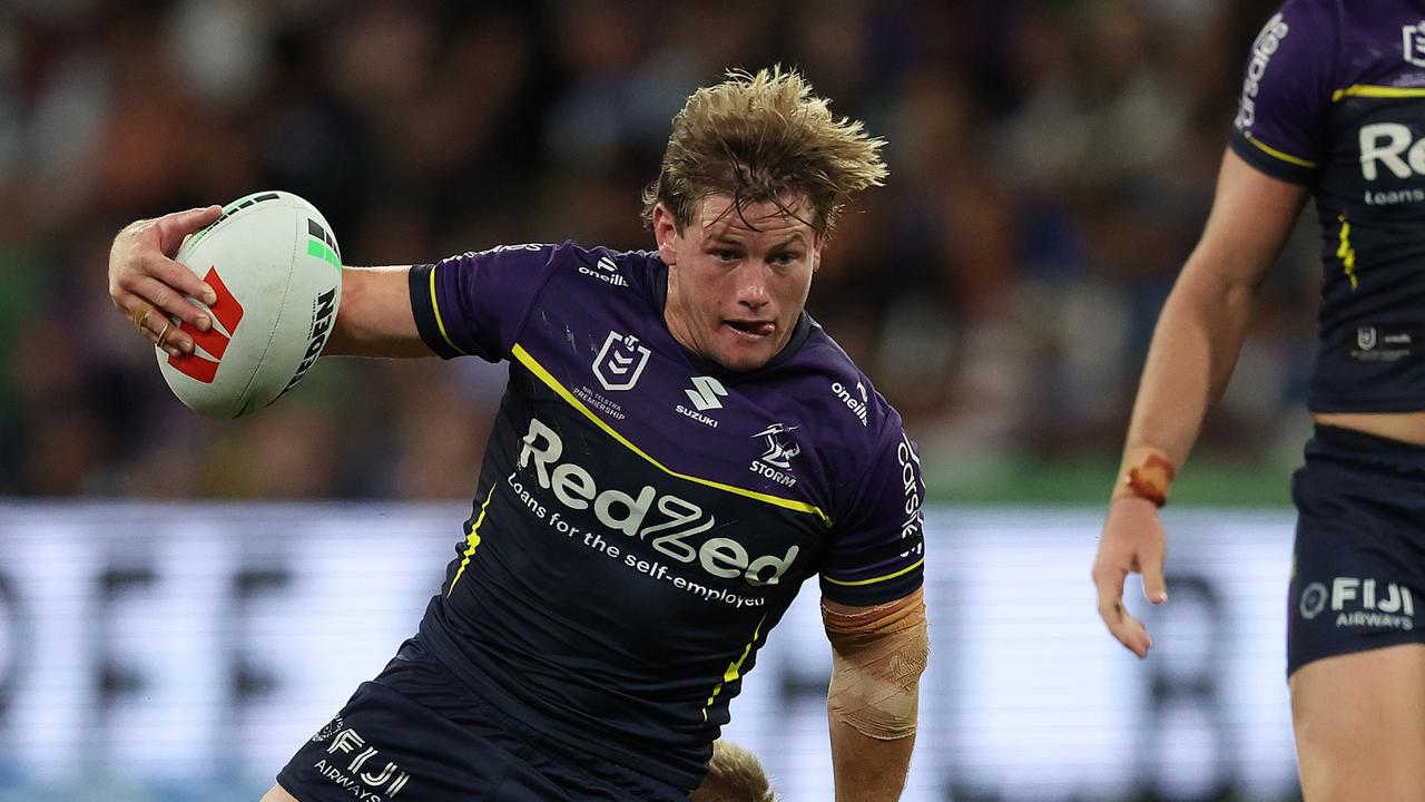 MELBOURNE, AUSTRALIA - MARCH 16: Harry Grant of the Storm runs with the ball during the round two NRL match between Melbourne Storm and New Zealand Warriors at AAMI Park, on March 16, 2024, in Melbourne, Australia. (Photo by Robert Cianflone/Getty Images)