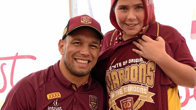 Maroons Fraser Coast Fan Day - Ethan Fox gets to meet Will Chambers. Picture: Alistair Brightman