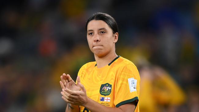 SYDNEY, AUSTRALIA – AUGUST 16: Sam Kerr of Australia applauds fans after the team's 1-3 defeat and elimination from the tournament following the FIFA Women's World Cup Australia &amp; New Zealand 2023 Semi Final match between Australia and England at Stadium Australia on August 16, 2023 in Sydney, Australia. (Photo by Justin Setterfield/Getty Images )