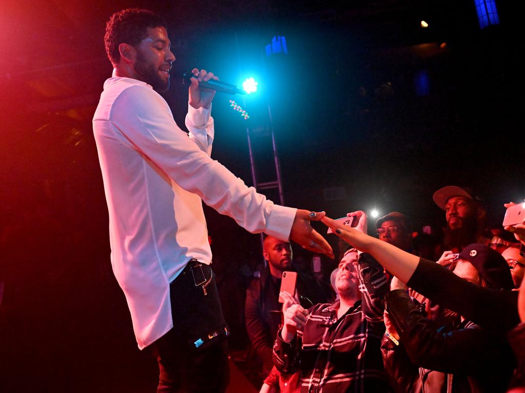 Jussie Smollett performs onstage at the Troubadour in West Hollywood just two weeks after the alleged attack in Chicago. Picture: Scott Dudelson/Getty Images for ABA
