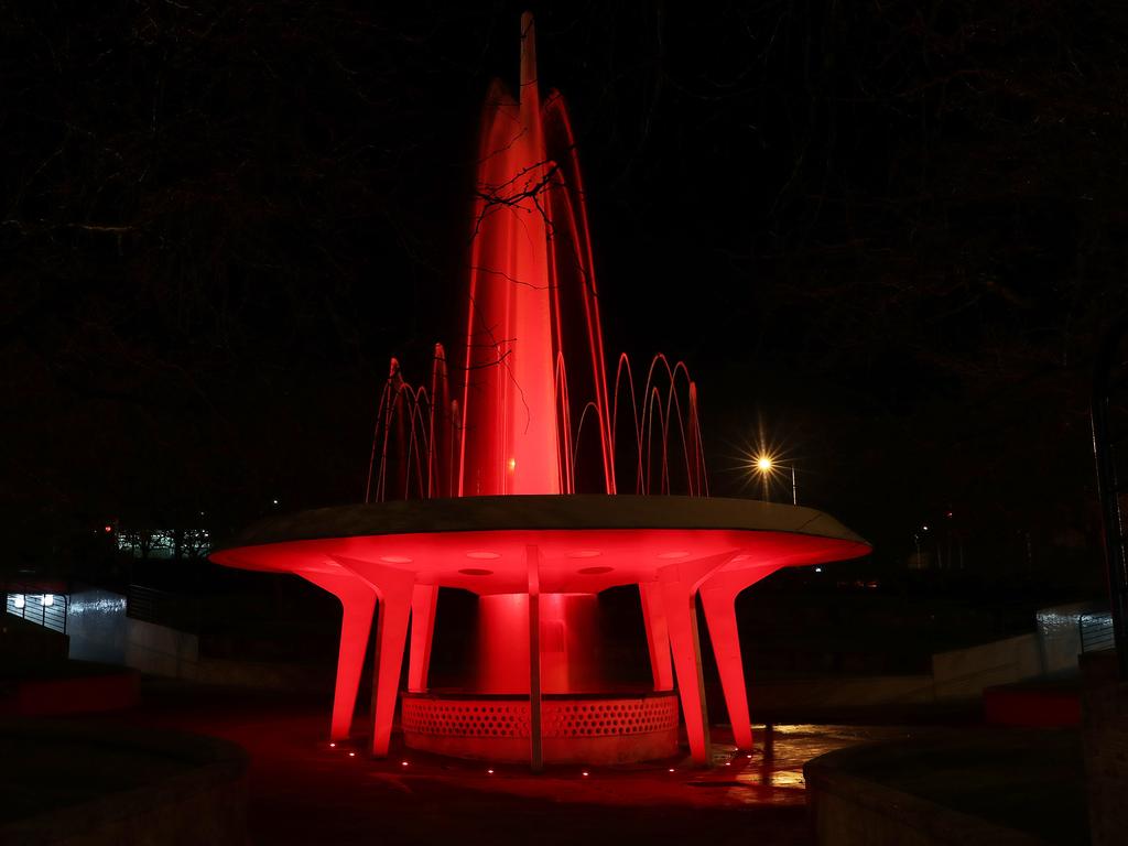 Paint the Town Red. Buildings and landmarks around Hobart lit up with red lighting for the Dark Mofo theme of 'paint the town red'. Picture: NIKKI DAVIS-JONES