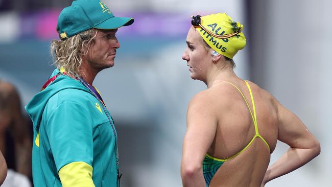 Australian swimmer Ariarne Titmus chats with her coach Dean Boxall. Picture: Michael Klein