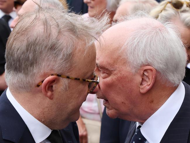 IPSWICH, AUSTRALIA - NewsWire Photos NOVEMBER 3, 2023: Prime Minister Anthony Albanese and former Prime Minister Paul Keating during the State Funeral Service for the Hon William (Bill) George Hayden AC at St. MaryÃs Catholic Church in Ipswich. Picture: NCA NewsWire/Tertius Pickard