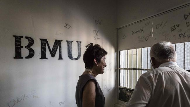 Royal commissioners Margaret White and Mick Gooda inspect a cell in the BMU at Darwin's old Don Dale Youth Detention Centre. Picture:  Amos Aikman