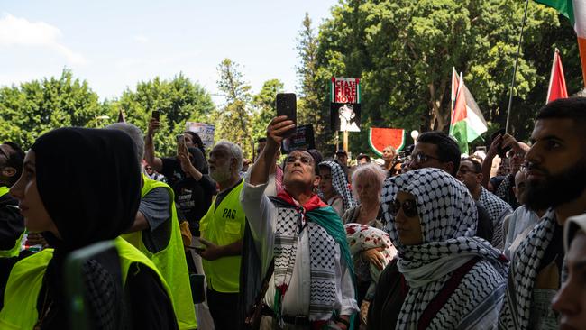 Pro-Palestine protesters gathered in Hyde Park on Sydney. Picture: NCA NewsWire / Flavio Brancaleone