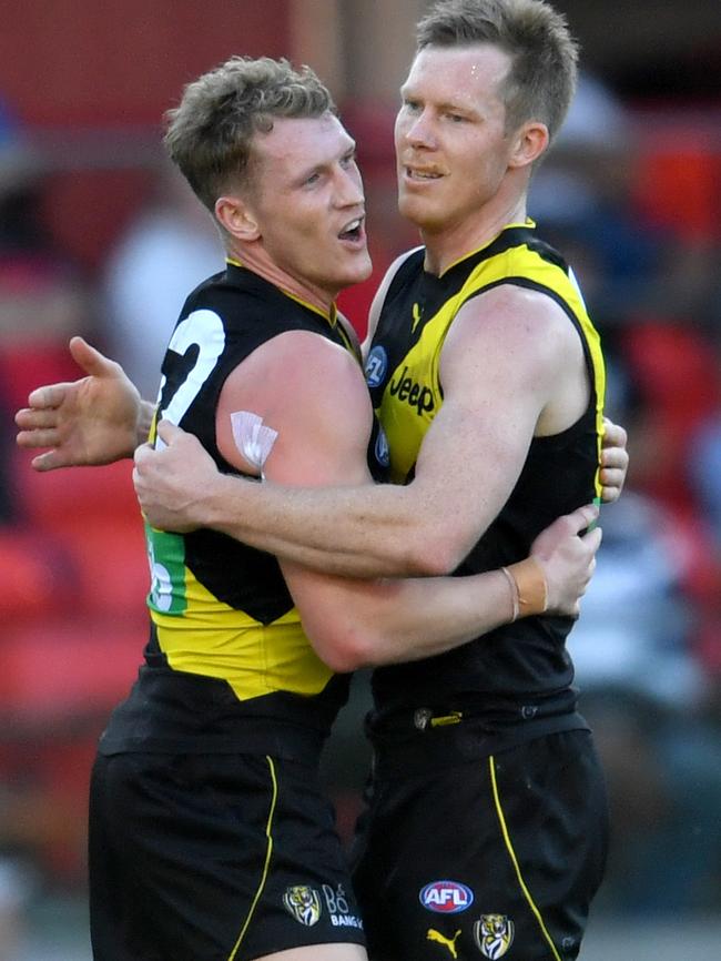 Josh Caddy and Jack Riewoldt combined for 14 goals against Gold Coast.