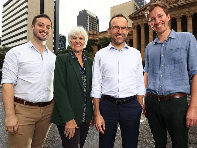 Greens leader Adam Bandt (second from right) in Brisbane with candidates Stephen Bates (left), Elizabeth Watson-Brown and Max Chandler-Mather. Picture: Adam Head