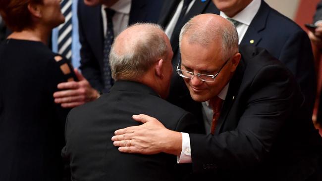 Prime Minister Scott Morrison congratulates John Williams. Picture: AAP