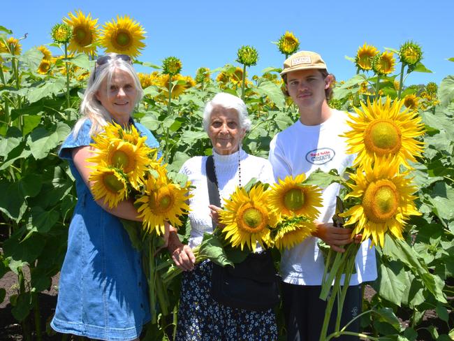 Lilyvale Flower Farm's impressive sunflower crop saw dozens flock to the sunny fields, including (from left) Sue Edwards, Lotte Schubert and Harrison Edwards on Sunday, December 22, 2024. Photo: Jessica Klein