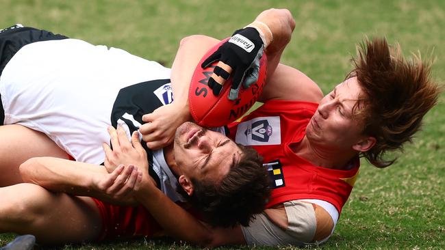 Jared Eckersley makes a tackle. (Photo by Chris Hyde/AFL Photos/via Getty Images)