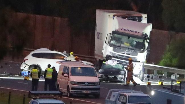 The crash scene on the Eastern Freeway where four Police officers died. Picture: David Crosling