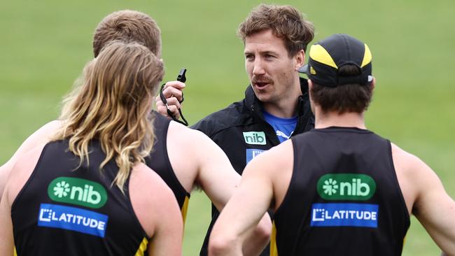 New assistant coach Kane Lambert has the players’ attention. Picture: Michael Klein