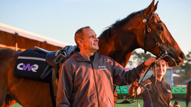 Star mare Fangirl with trainer Chris Waller as she prepares to take on the front-running sensation Pride Of Jenni in Saturday’s Group 1 $5 million King Charles III Stakes Picture: Justin Lloyd.