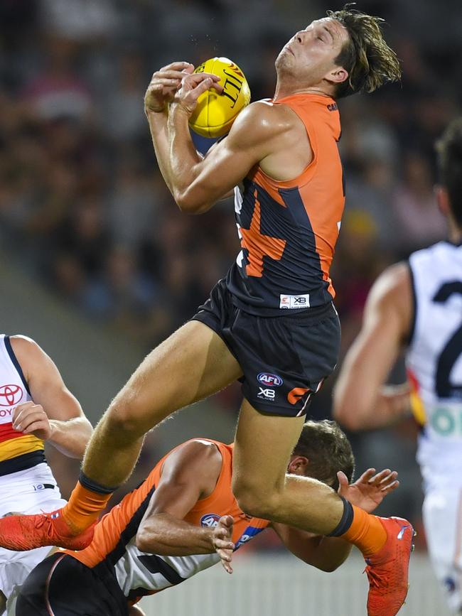 Toby Greene marks for GWS during the JLT Series. Picture: Lukas Coch. 