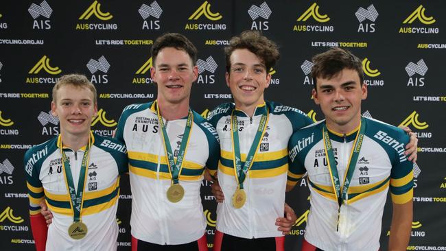 Aston Freeth (middle, right) with his gold medal team pursuit team. Picture: Supplied