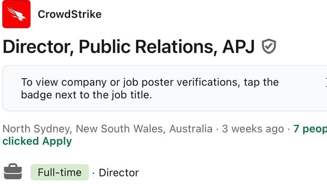 Crowdstrike the company responsible for the global IT outage caused chaos for businesses around the world has advertised for a director of public relations. The job ad was posted three weeks ago for a PR director to be based at their office in North Sydney. Picture: X