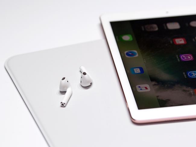 A pair of wireless AirPods are seen during the launch of the iPhone 7 at Bill Graham Civic Auditorium in San Francisco, California on September 07, 2016. Picture: Josh Edelson