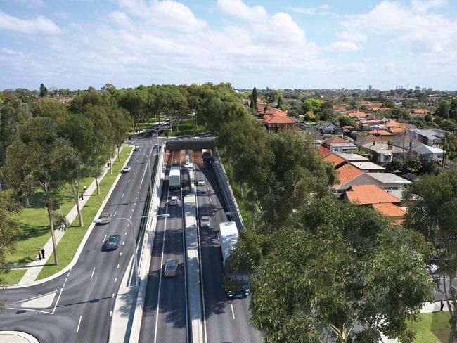 Artist’s impression of the Wattle Street interchange, looking south towards Parramatta Road above the portal entry and exit ramps.