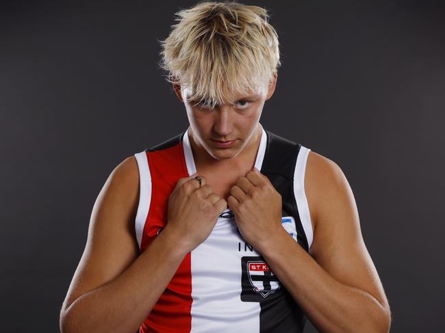 NCA. MELBOURNE, AUSTRALIA. 20th November 2024.  AFL Draft  at Marvel stadium .   Alix Tauru after being drafted to St Kilda.  Picture: Michael Klein