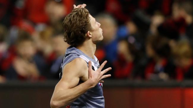 COP THAT: Xavier Duursma celebrates his goal against Essendon at Marvel Stadium on Saturday. Picture: MICHAEL WILLSON (AFL Photos via Getty Images).