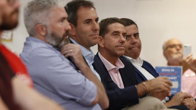 Shadow Treasurer Jim Chalmers and Acting Premier Cameron Dick at the Caboolture Central Sports Club. Picture: Lachie Millard