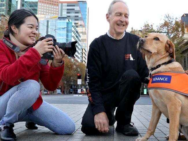 SA is facing a shortage of volunteers, following the loss of thousands during the pandemic. Call for more help comes in lead up to National Volunteering Week, which starts on Monday,  May 17. Volunteer photographer, Fumika Takagi, Howard Duchene, a Guide Dogs SA/NT volunteer, and Guide Dog ÃJoJoÃ. 12 May 2021. Picture Dean Martin