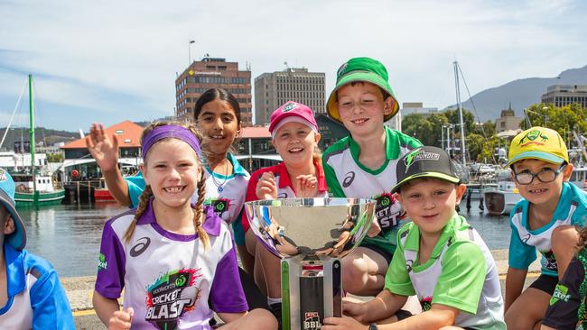 Woolworths Cricket Blast first XI in Hobart prior to the BBL Grand Final. L-R Oliver Anderson, 6, from SA, Rasika Zika Syan, 8, VIC, Frankie Mountney, 8, TAS, Lily Tozer, 10, NSW, Julian Cashman, 8, NSW, Sam Harman, 12, VIC, Joseph Wijenayake, 7 QLD, and Emma de Carvalho, 6, ACT.Picture: Linda Higginson