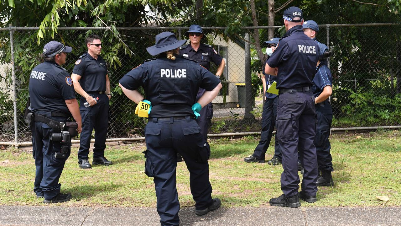 Police gather a street away from where an alleged police shooting of a young Aboriginal man happen in Palmerston suburb of Gray. Picture: (A)manda Parkinson