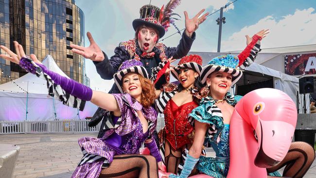 Pink Flamingo performers for Bigger Better campaign Carla Doyle - purple, Michelle Leung - red, Jerome Le Bon Choix &amp; Phoebe Young - blue. Picture: Russell Millard Photography