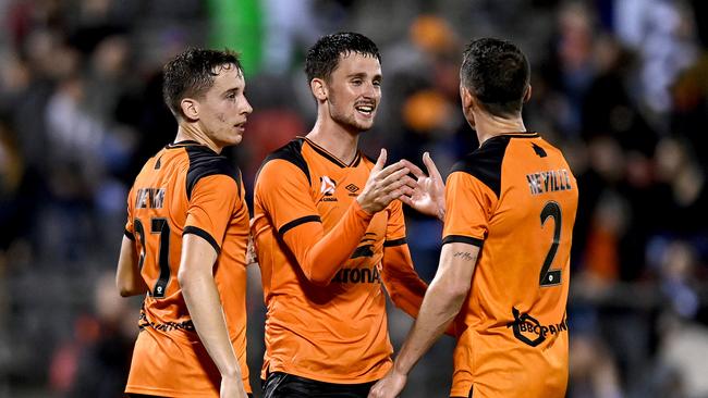 Jordan Courtney-Perkins and Scott Neville celebrates victory after the A-League match between the Brisbane Roar and Melbourne City at Moreton Daily Stadium, on May 25, 2021, in Brisbane, Australia. Picture: Bradley Kanaris/Getty Images