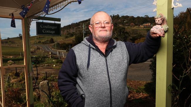 Suntas: David Blackwell out the front of his Tea Tree home as he has witnessed many crashes and near misses near his property along Tea Tree Road. Picture: Zak Simmonds