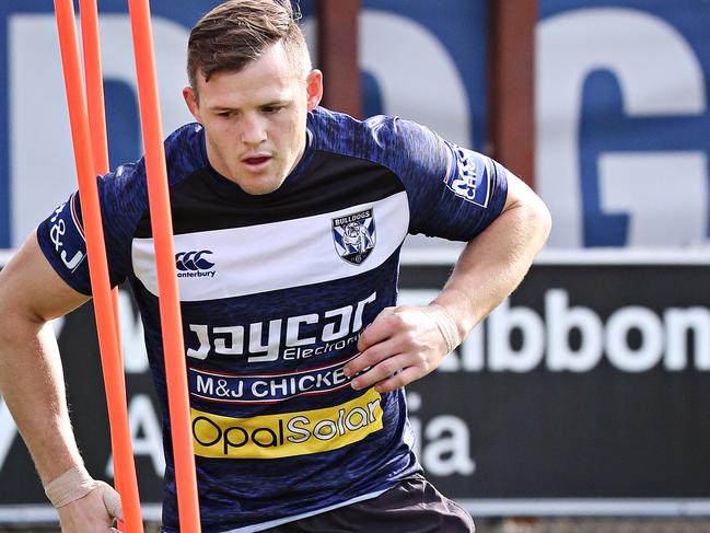 3/6/16 Josh Morris running drills at the Canterbury Bulldogs training on Belmore oval. Adam Yip/ The Daily Telegraph