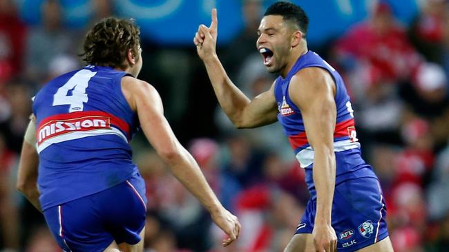 Jason Johannisen celebrates his match-winning goal against Sydney.