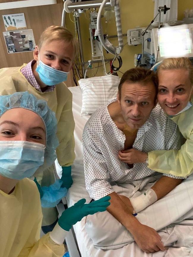 Russian opposition leader Alexei Navalny poses for a selfie picture with his family at Berlin's Charite hospital on Tuesday. Picture: AFP