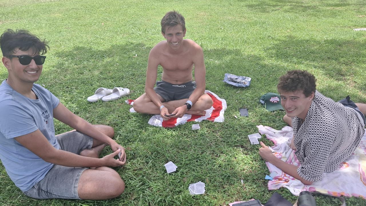 John Spathis, 17, George Verco, 18, and Jed McPherson, 18, at Byron Bay Schoolies celebrations on November 28, 2024. Picture: Sam Stolz.