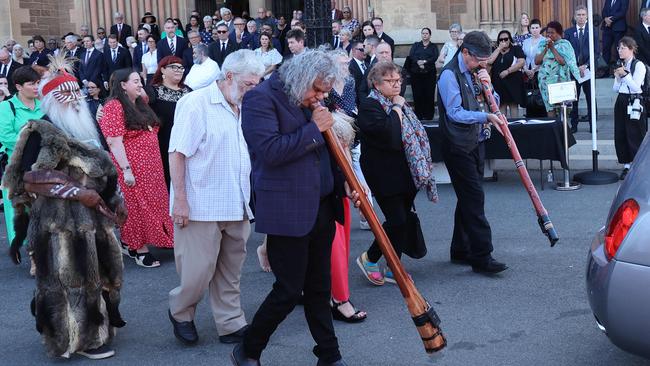 Friends and family gather outside after the funeral service for Dr Lowitja O’Donoghue at St Peters Cathedral in Adelaide. Picture: NCA NewsWire/David Mariuz