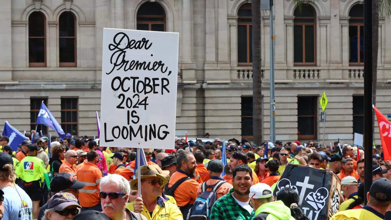 Thousands of workers have stopped work on Thursday morning as a union protest marched through Brisbane. Picture: David Clark